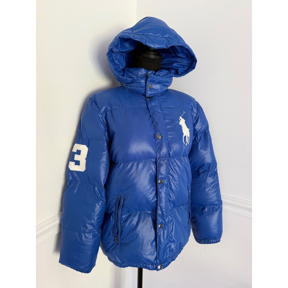 Polo Ralph Lauren Big Pony Blue Puffer Jacket Hooded Down Coat Boys L 14-16